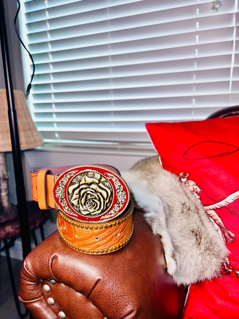 Leather Floral Medallion Belt in Orange
